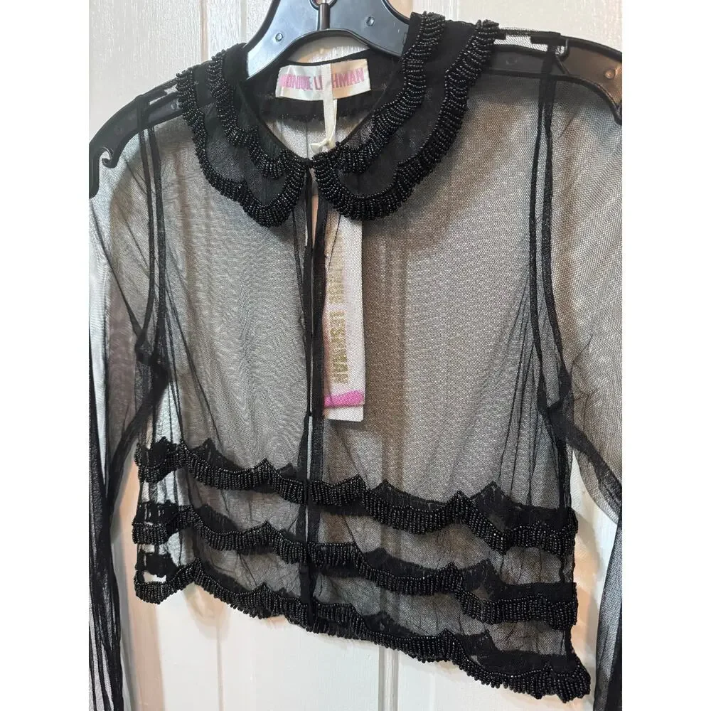NWT Monique Leshman Black Sheer Scallop Beaded Crop Blouse Top Size S